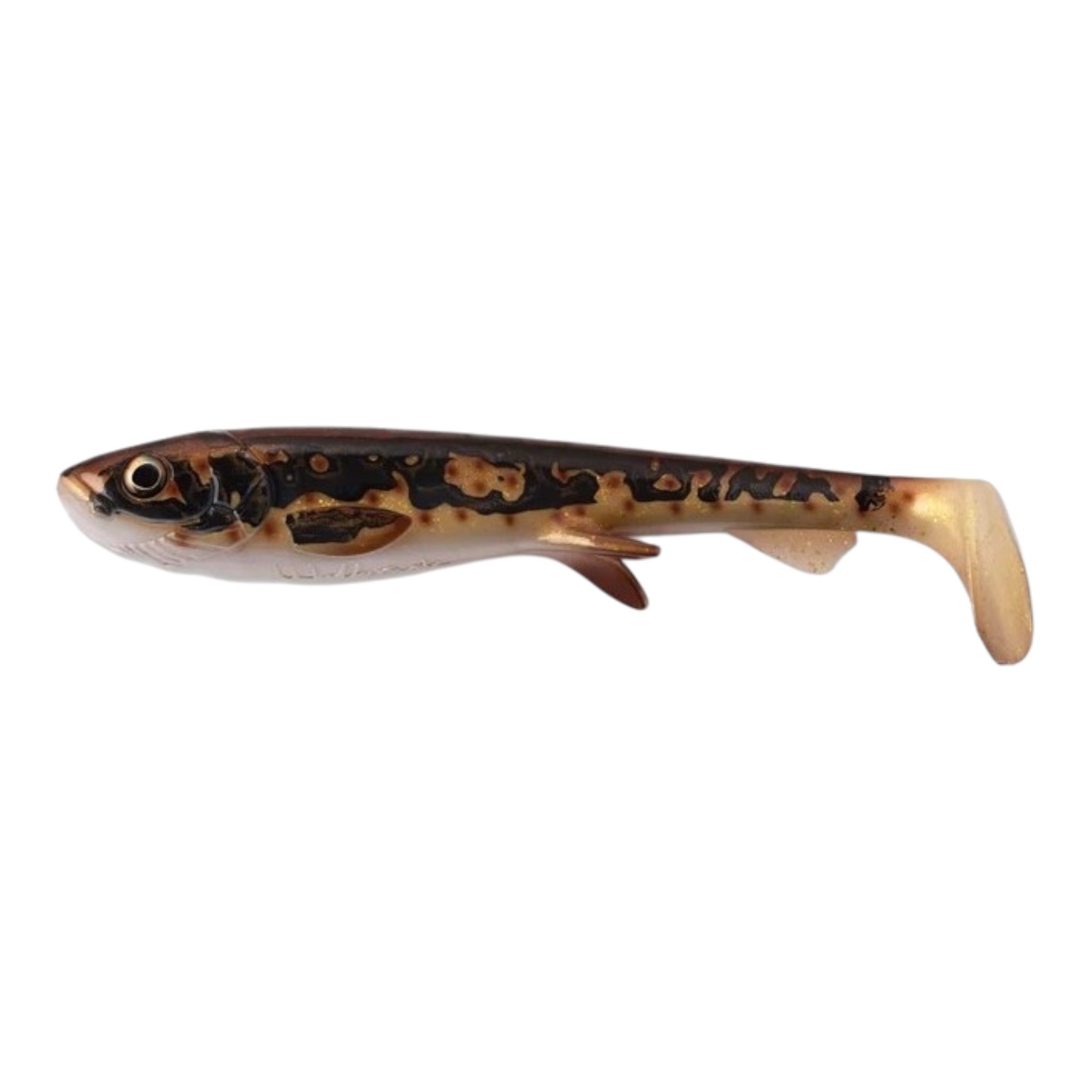 Leurre souple Mk Fishing imitant un poissonnet brun et doré, avec détails d'écailles et nageoire caudale. Idéal pour la pêche au brochet, sandre, perche.