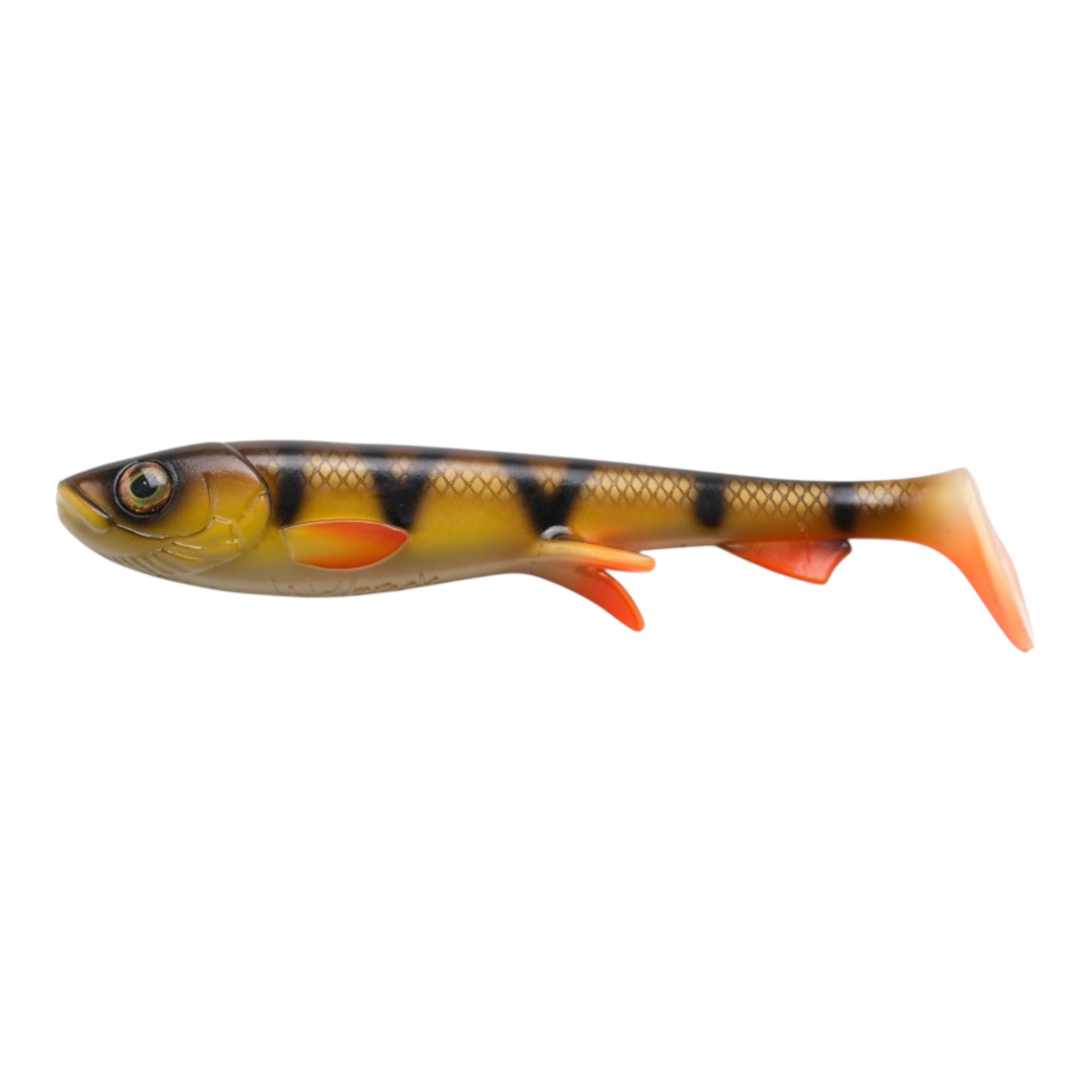Leurre souple Mk Fishing imitant un poissonnet, couleur jaune et noir avec nageoire orange, pour la pêche au brochet, sandre, perche.