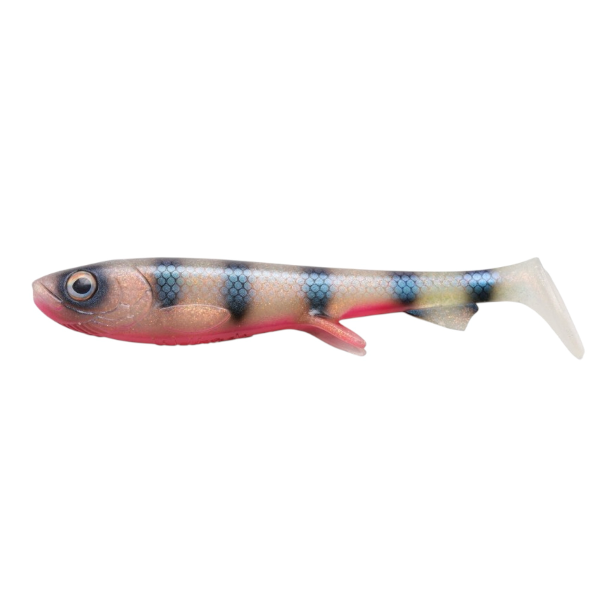 Leurre souple Mk Fishing imitant un poissonnet, couleur naturelle avec rayures bleues et noires, détails d'écailles.