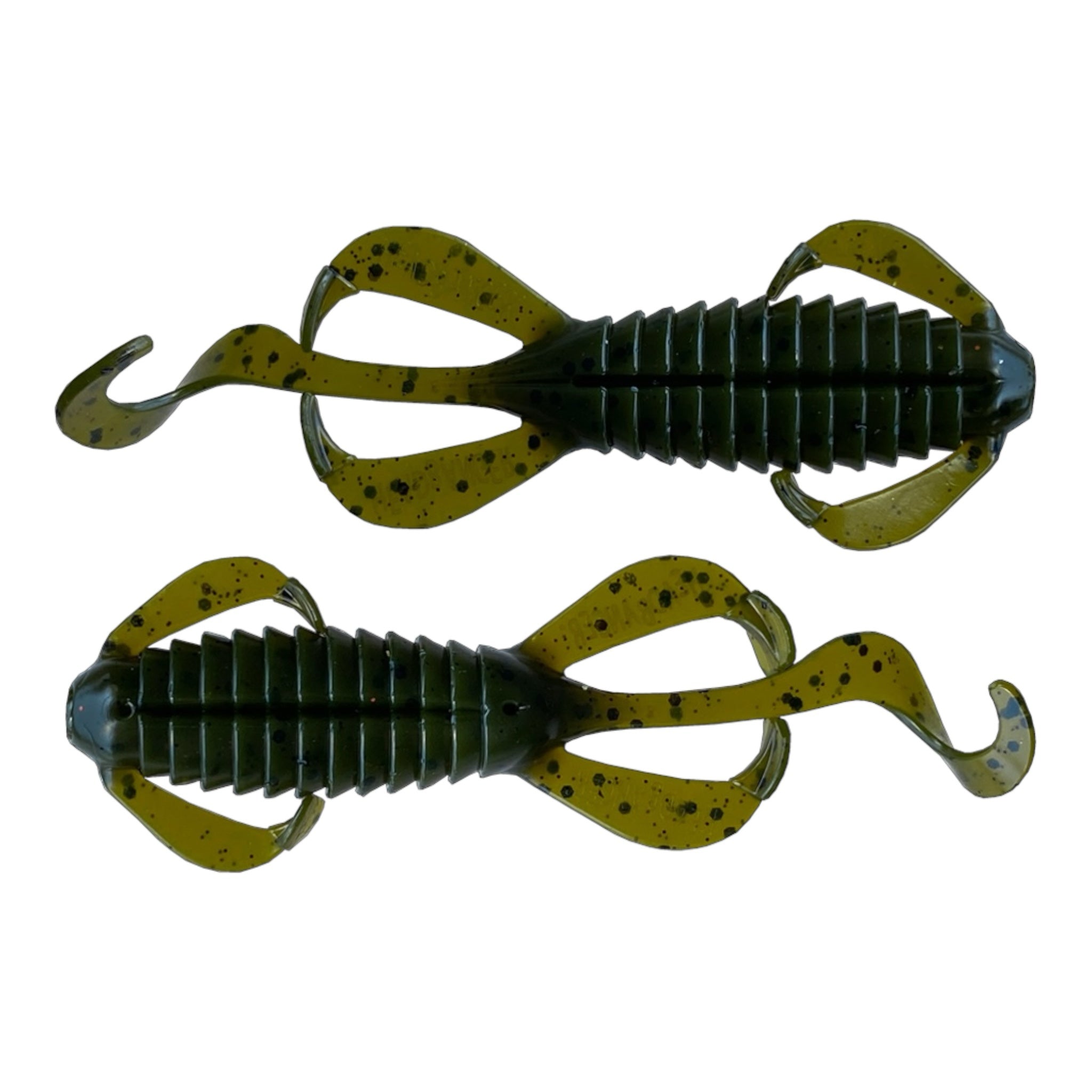 Leurre souple Mk Fishing imitation écrevisse vert pailleté avec corps segmenté et appendices mobiles pour carnassiers.