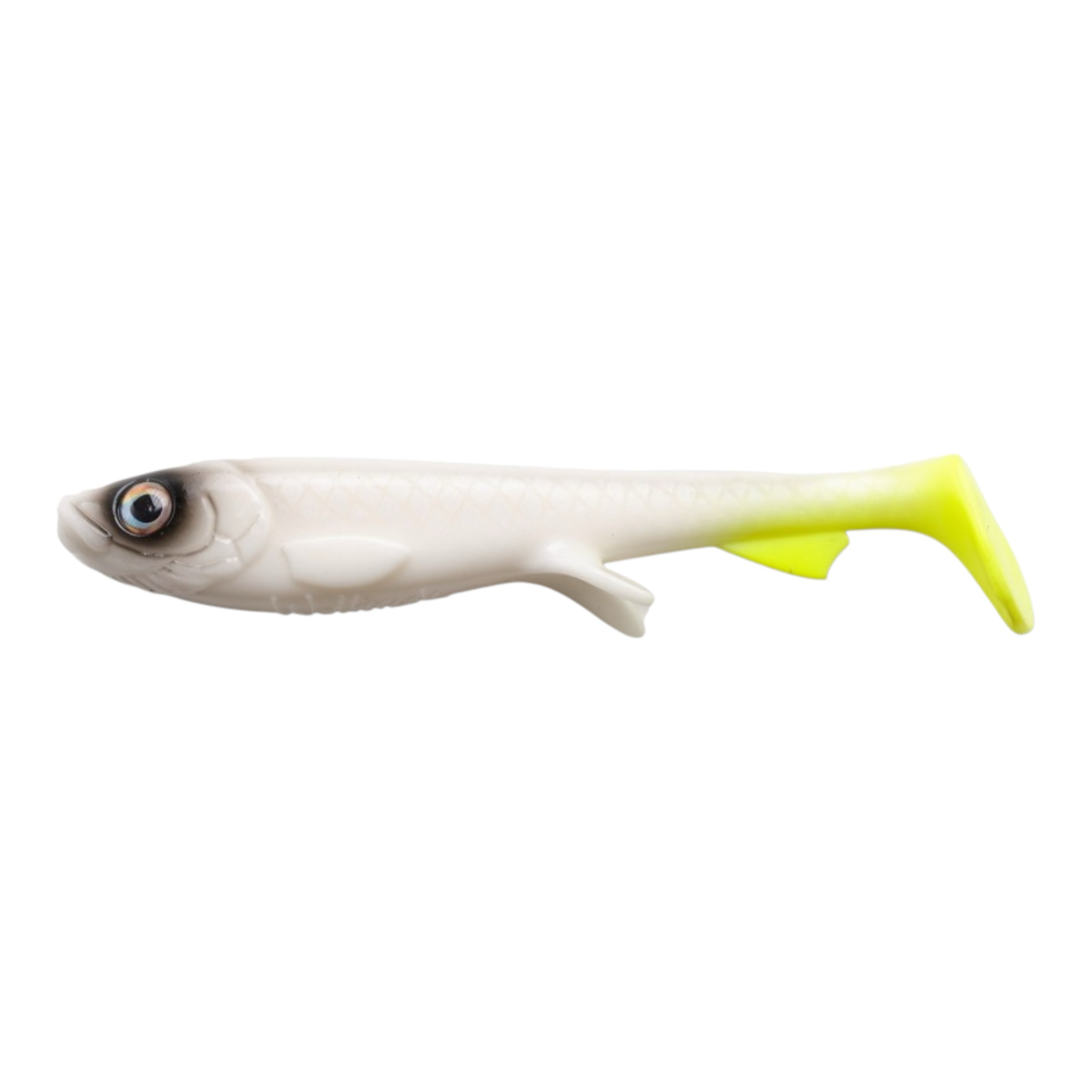 Leurre souple Mk Fishing blanc et jaune imitation poisson avec détails d'écailles et œil réaliste pour la pêche.
