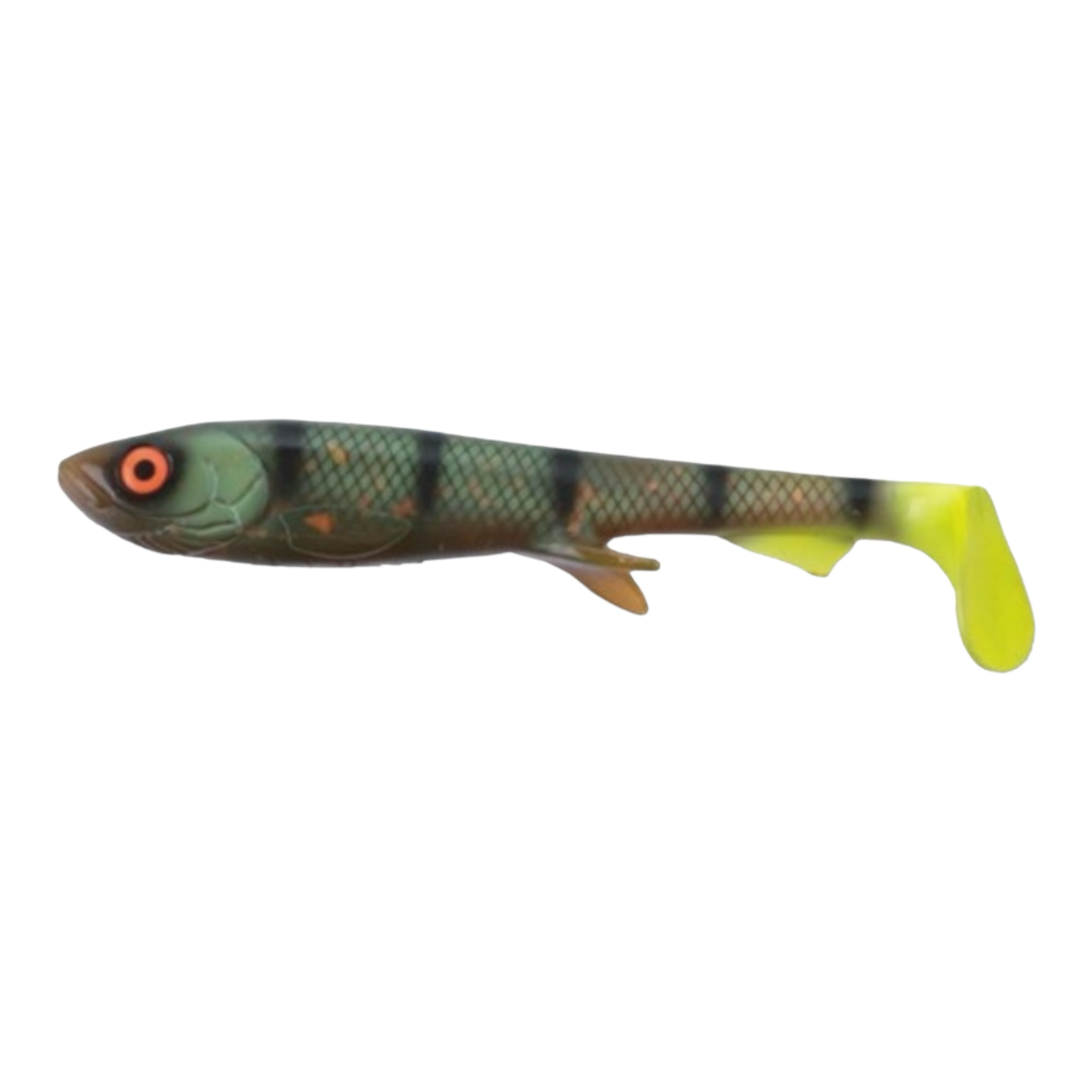 Leurre souple Mk Fishing imitation poissonnet vert rayé, queue jaune, pour pêche carnassier